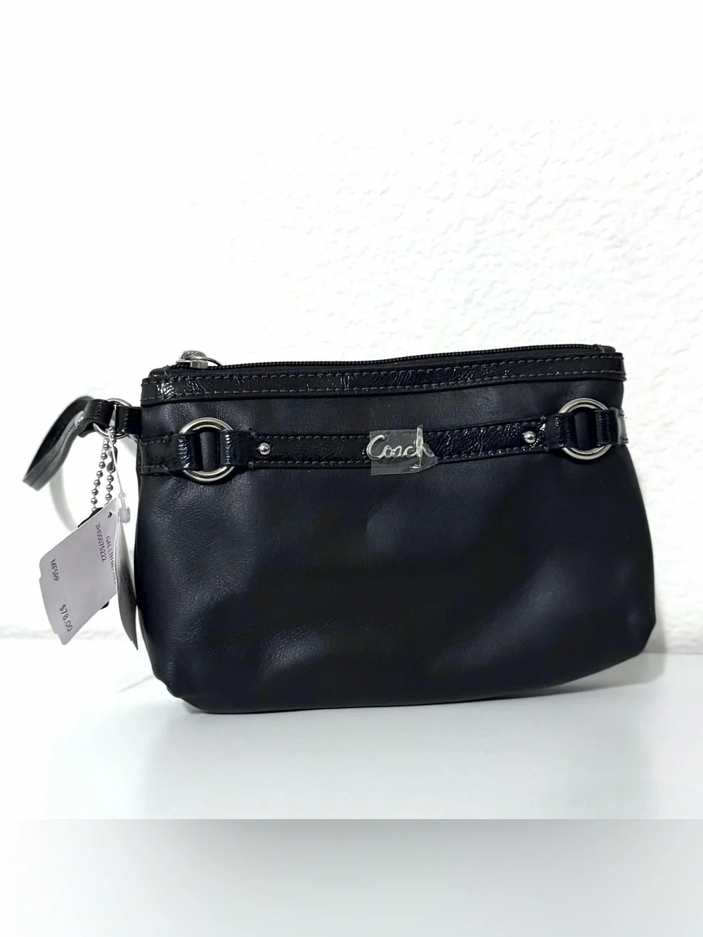 Coach Black Leather Wristlet Mini Bag Clutch w/ Silver-Tone Hardware